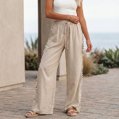 Flowing Wide-Leg Pants with Drawstring Waist and Seashell Detailing