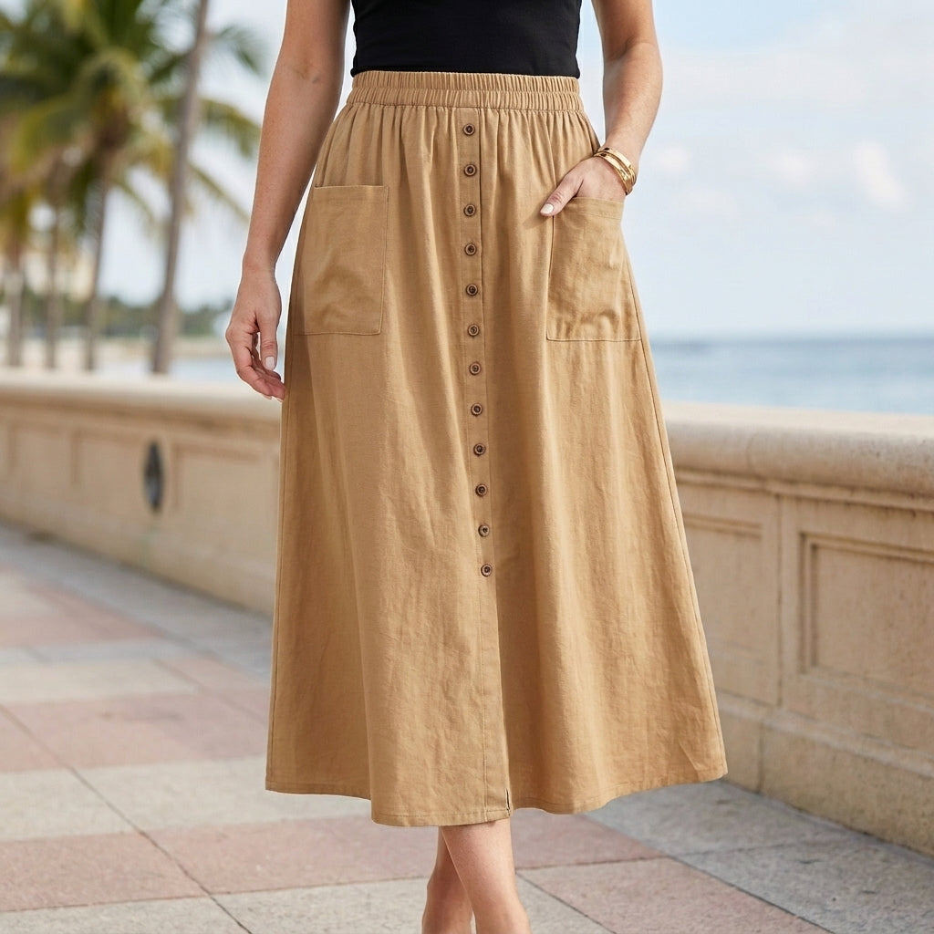 Graceful Button-Front Midi Skirt with Oversized Patch Pockets