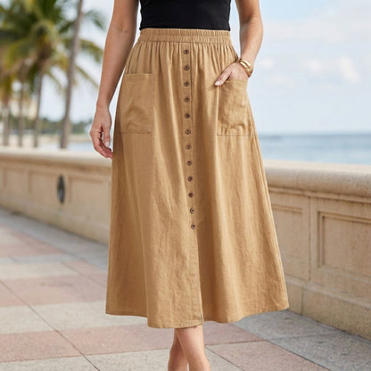 Graceful Button-Front Midi Skirt with Oversized Patch Pockets