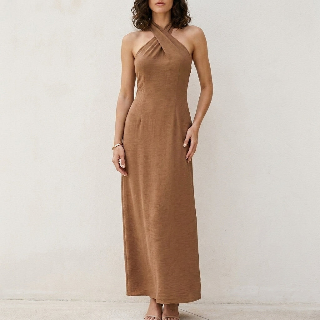 Coastal Elegance Cross Halter Maxi Dress