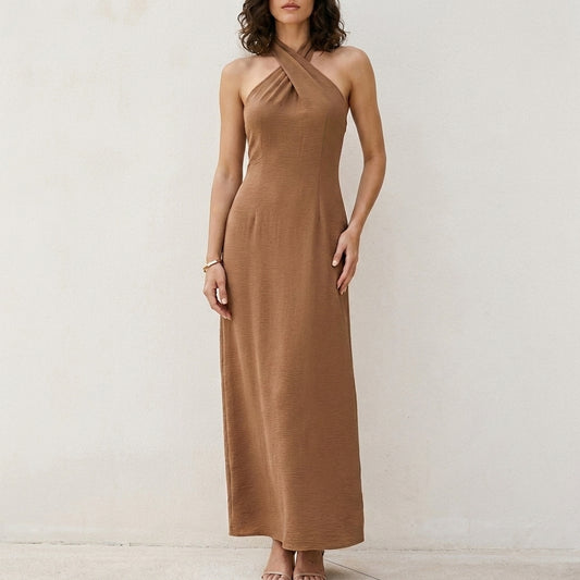 Coastal Elegance Cross Halter Maxi Dress