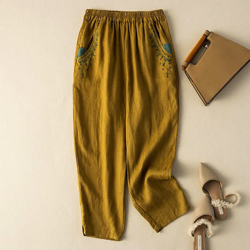 Linen Relaxed Fit Ankle-Length Harem Pants with Embroidered Pockets