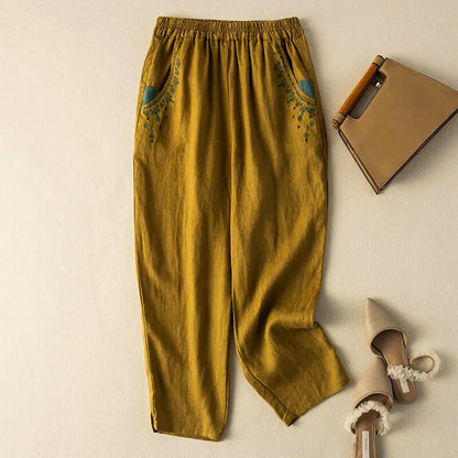 Linen Relaxed Fit Ankle-Length Harem Pants with Embroidered Pockets