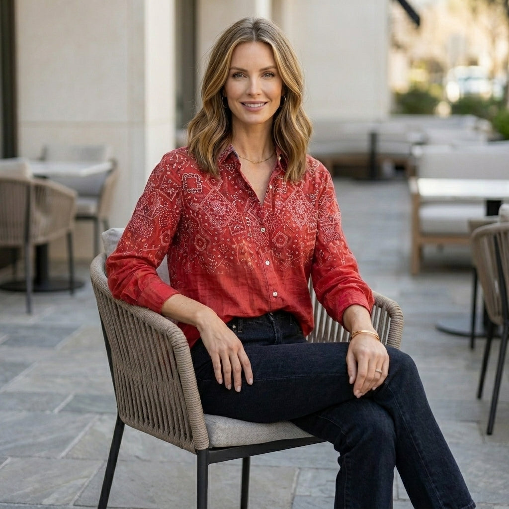 Abstract Print Oversized Blouse with Relaxed Coastal Resort Silhouette