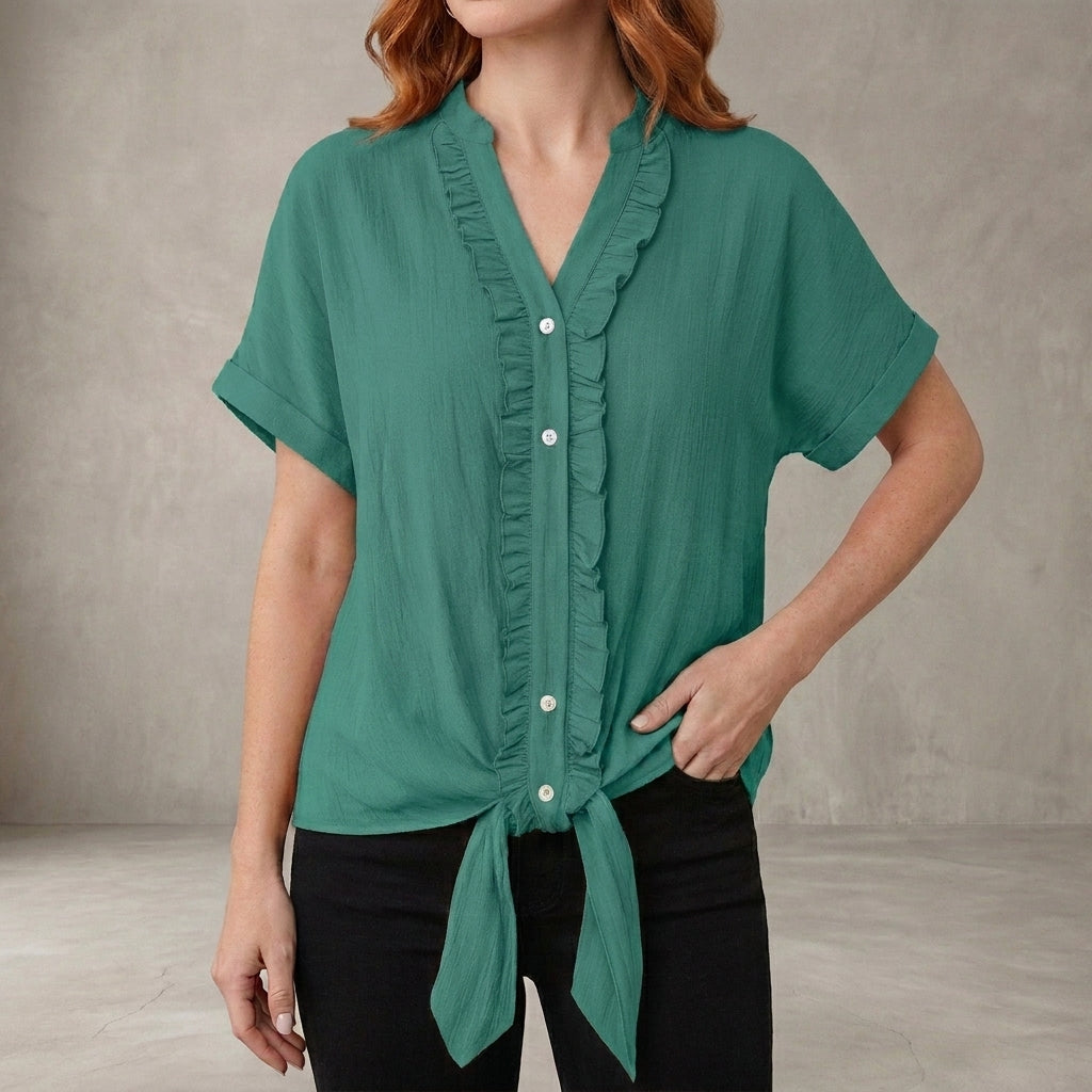 Willow Grace Ruffle Trim Tie-Front Blouse