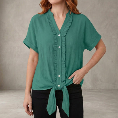 Willow Grace Ruffle Trim Tie-Front Blouse