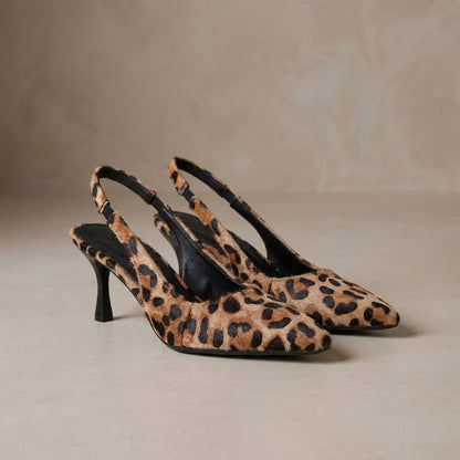 Structured Pointed-Toe Slingback Sandals with Textured Animal-Print Upper