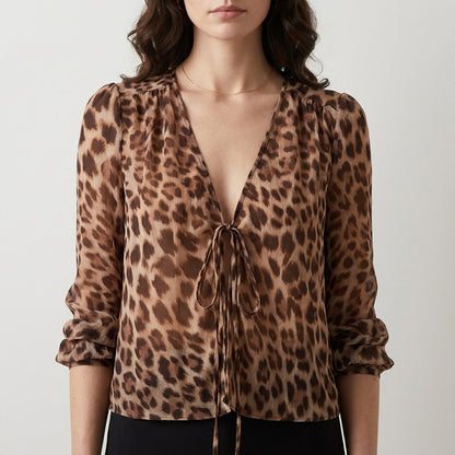 Tie Front Long Sleeve Sheer Blouse