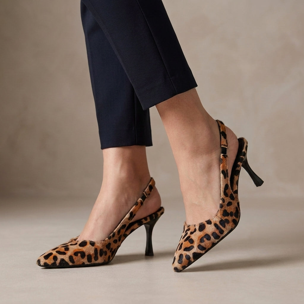 Structured Pointed-Toe Slingback Sandals with Textured Animal-Print Upper