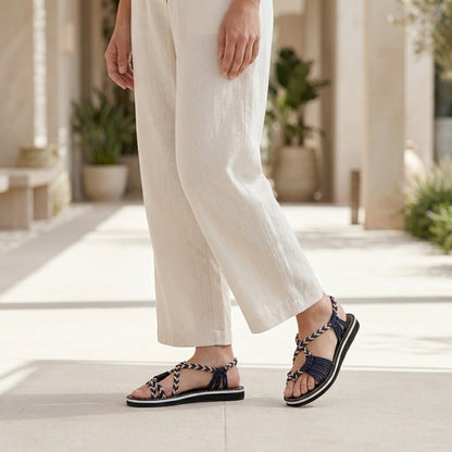 Braided Strappy Sandals with Wrapped Ankle and Contrast Stitching
