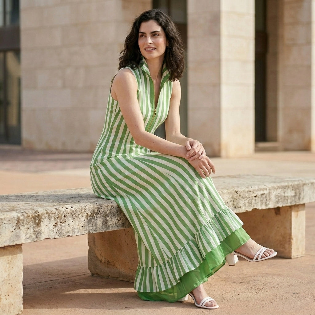 Resort Stripe Sleeveless Maxi Dress with Ruffle Hem