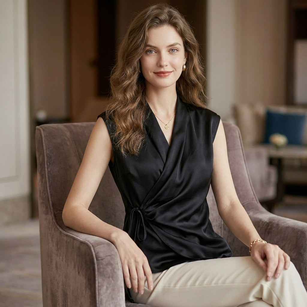 Tailored Sleeveless Wrap Blouse with Pleated Draping and Side Tie Closure