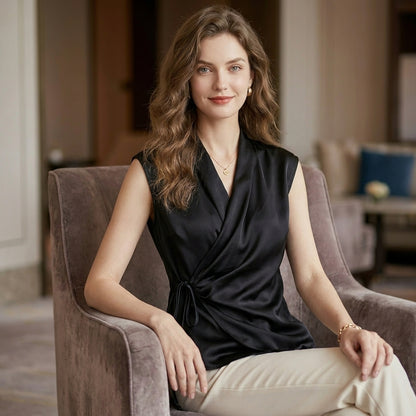 Tailored Sleeveless Wrap Blouse with Pleated Draping and Side Tie Closure