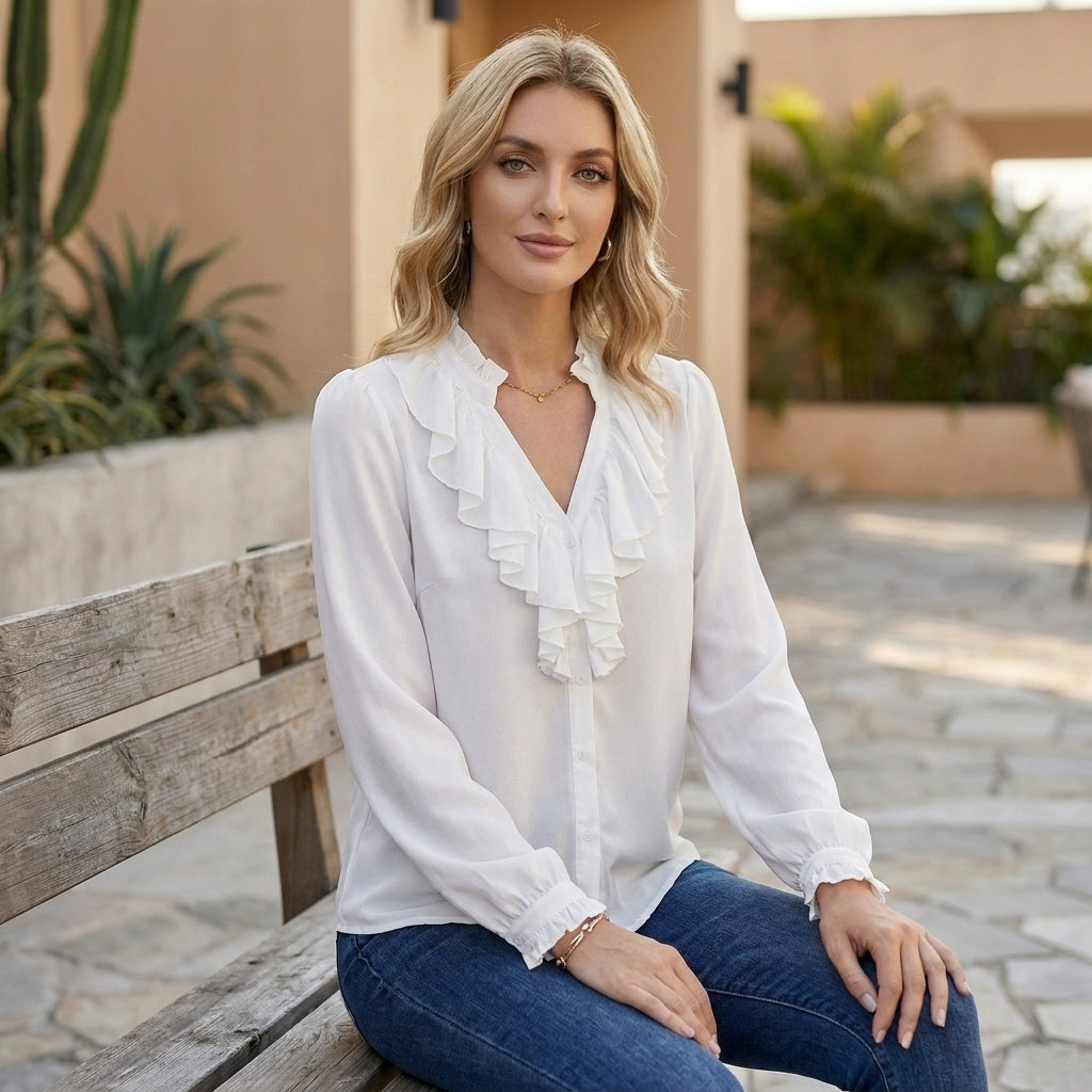 Relaxed Fit Chiffon Blouse with Cascading Ruffles and V-Neck