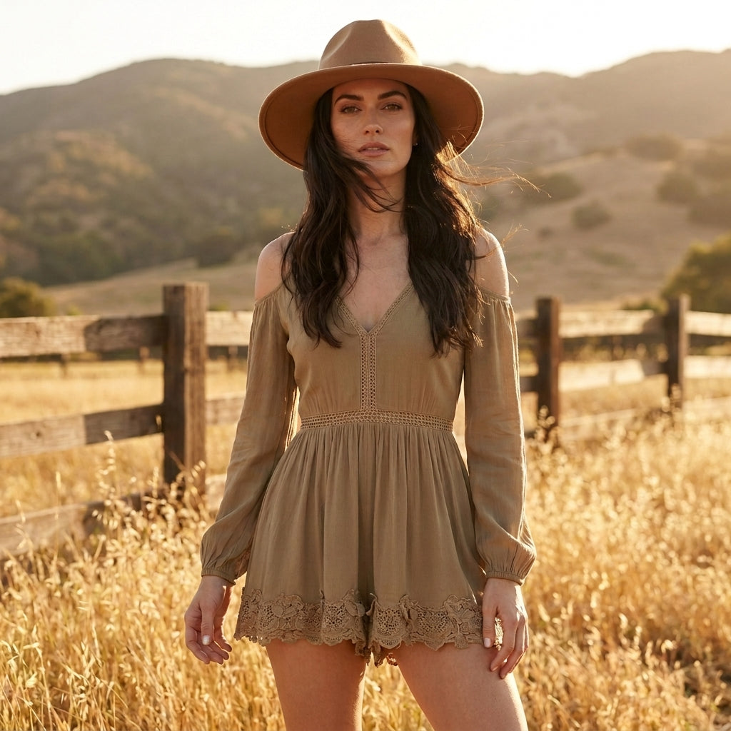 Sunset Reverie Lace Trim Off-Shoulder Romper Dress