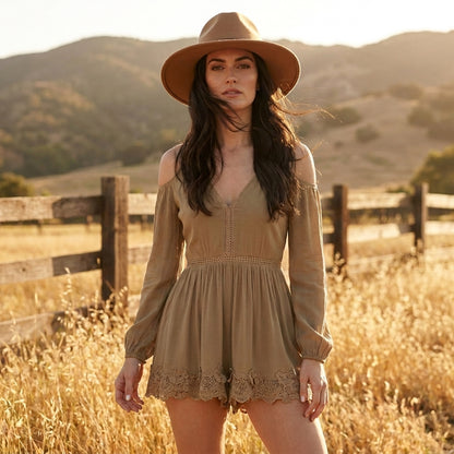 Sunset Reverie Lace Trim Off-Shoulder Romper Dress