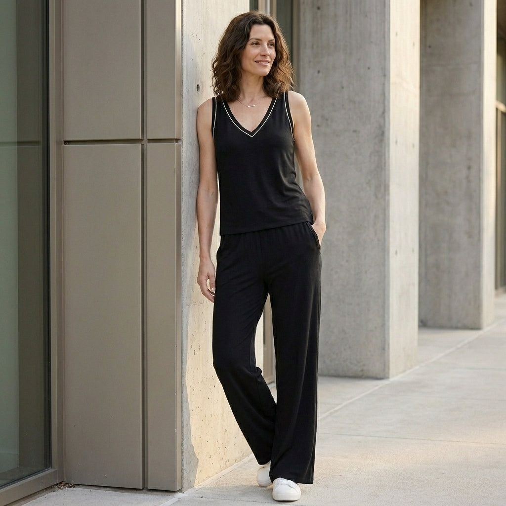 Relaxed V-Neck Sleeveless Lounge Set with Wide-Leg Pants