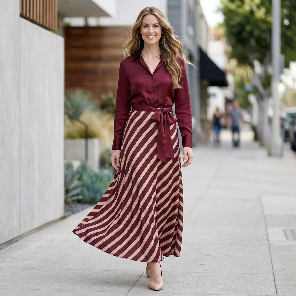 Elegant Shirt-Style Maxi Dress with Pleated Skirt and Waist Tie