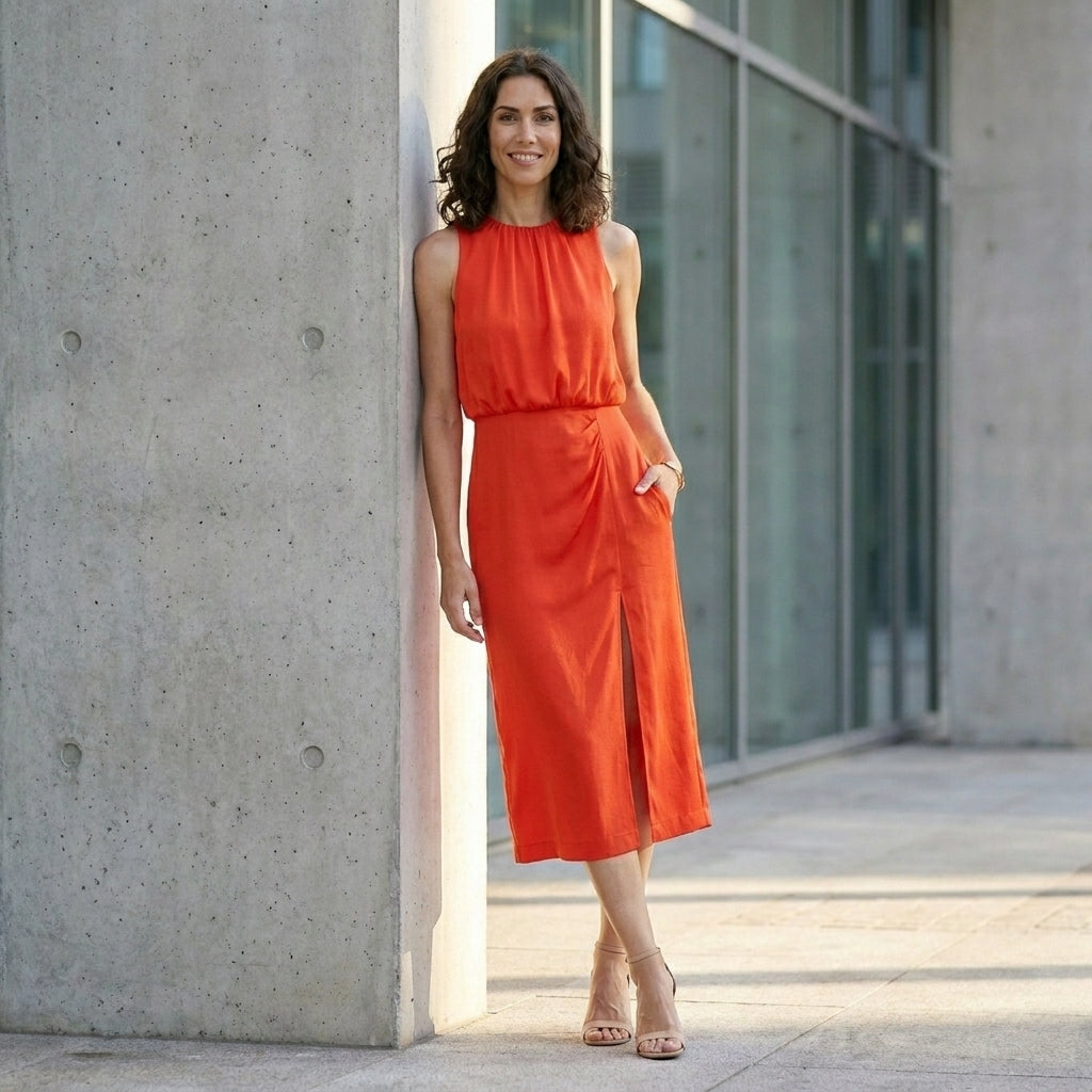 Sleeveless High Neck Side Slit Midi Dress