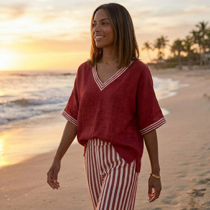 Relaxed V-Neck Two-Piece Set with Wide-Leg Striped Trousers