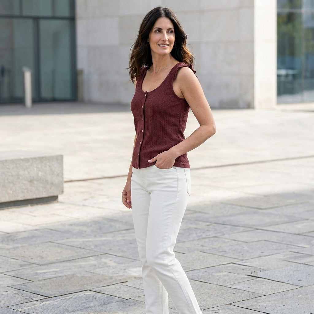 Ruffle Strap Button Front Sleeveless Tank Top