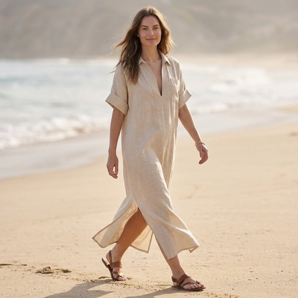 Minimalist Oversized Maxi Dress with Embroidered Placket and Shirt Collar
