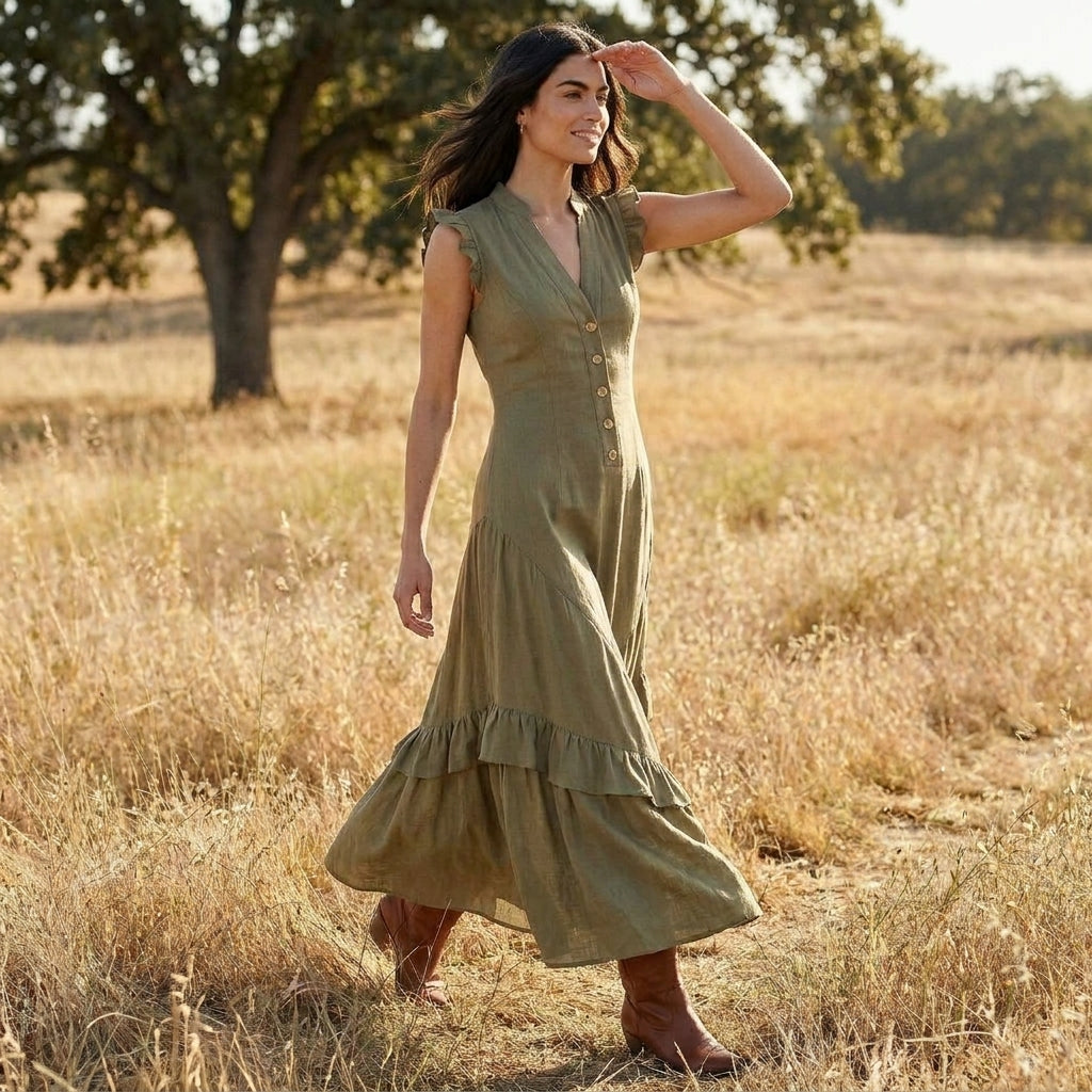 Ruffle Sleeve Button Front Midi Dress with Tiered Hem