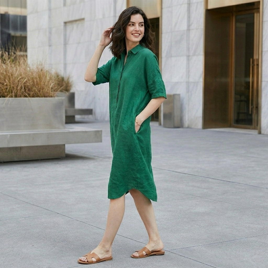 Relaxed Button-Front Midi Tunic Dress with Side Pockets