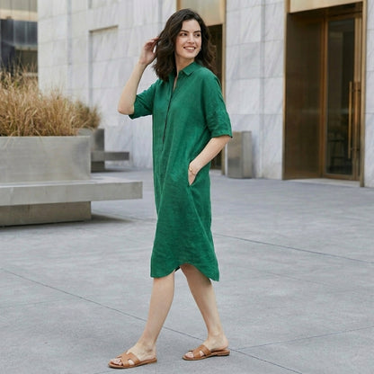 Relaxed Button-Front Midi Tunic Dress with Side Pockets