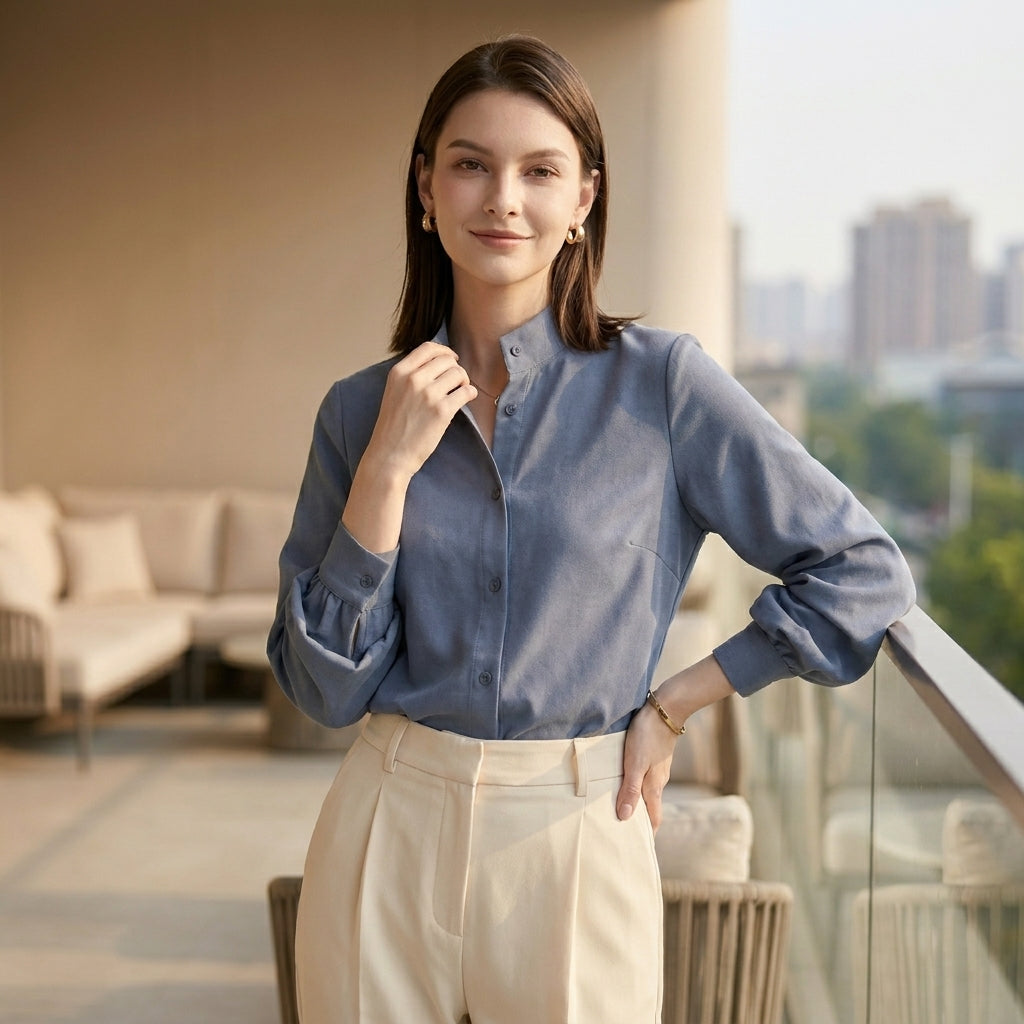 Sophisticated Stand-Collar Shirt with Dramatic Lantern Sleeves