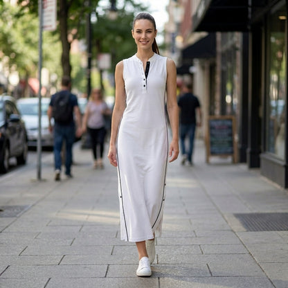 Sleeveless Henley Maxi Dress with Streamlined Side Stripes