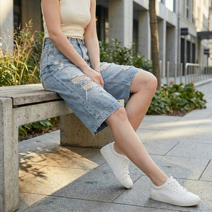 Vintage Wash Distressed Wide-Leg Cropped Denim Pants