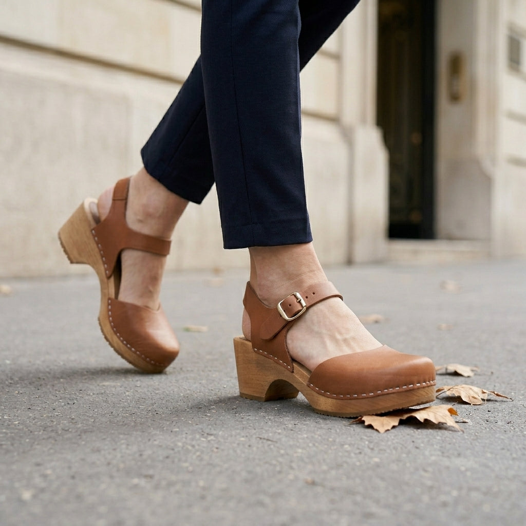 Classic Buckle Strap Clog Sandals with Elevated Wooden Sole