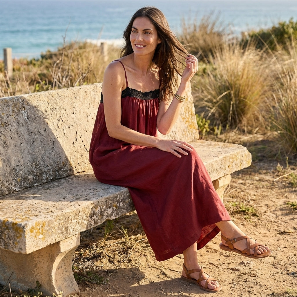 Contrast Trim Smocked Bodice Maxi Dress