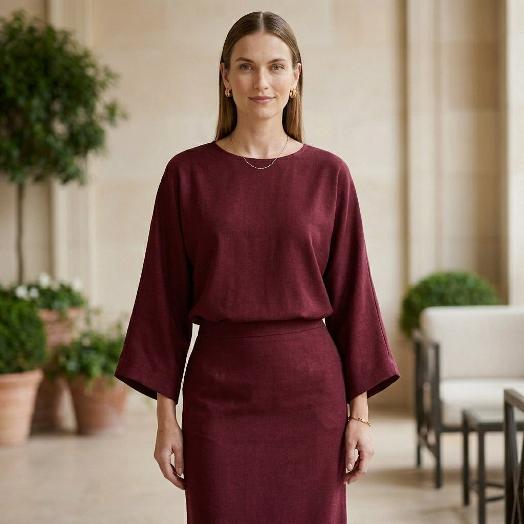 Two-Piece Textured Woven Skirt Suit with Draped High-Waist Silhouette