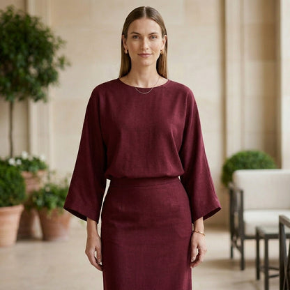 Two-Piece Textured Woven Skirt Suit with Draped High-Waist Silhouette