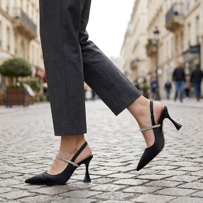 Elegant Pointed Slingback Heels with Crystal Strap Evening Detail
