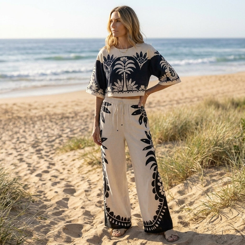 Printed Crop Top and Wide-Leg Pants Matching Set