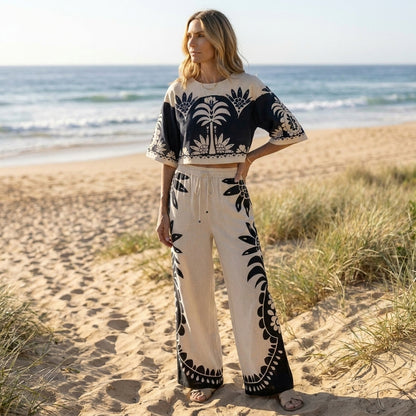 Printed Crop Top and Wide-Leg Pants Matching Set