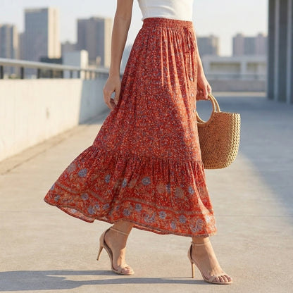 Bohemian Floral Maxi Skirt with Tiered Hem Detail