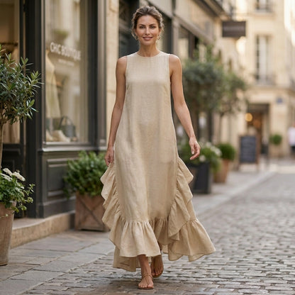 Flowing Sleeveless Maxi Dress with Dramatic Ruffle Hem and Pockets