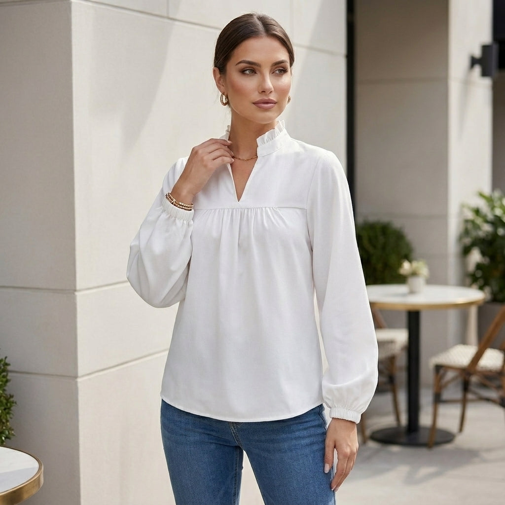 Relaxed Fit Puff Sleeve Blouse with Ruffled Split Neckline