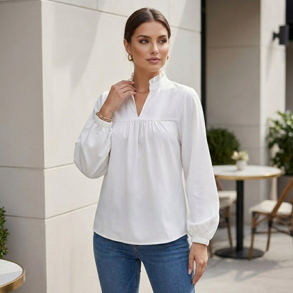 Relaxed Fit Puff Sleeve Blouse with Ruffled Split Neckline