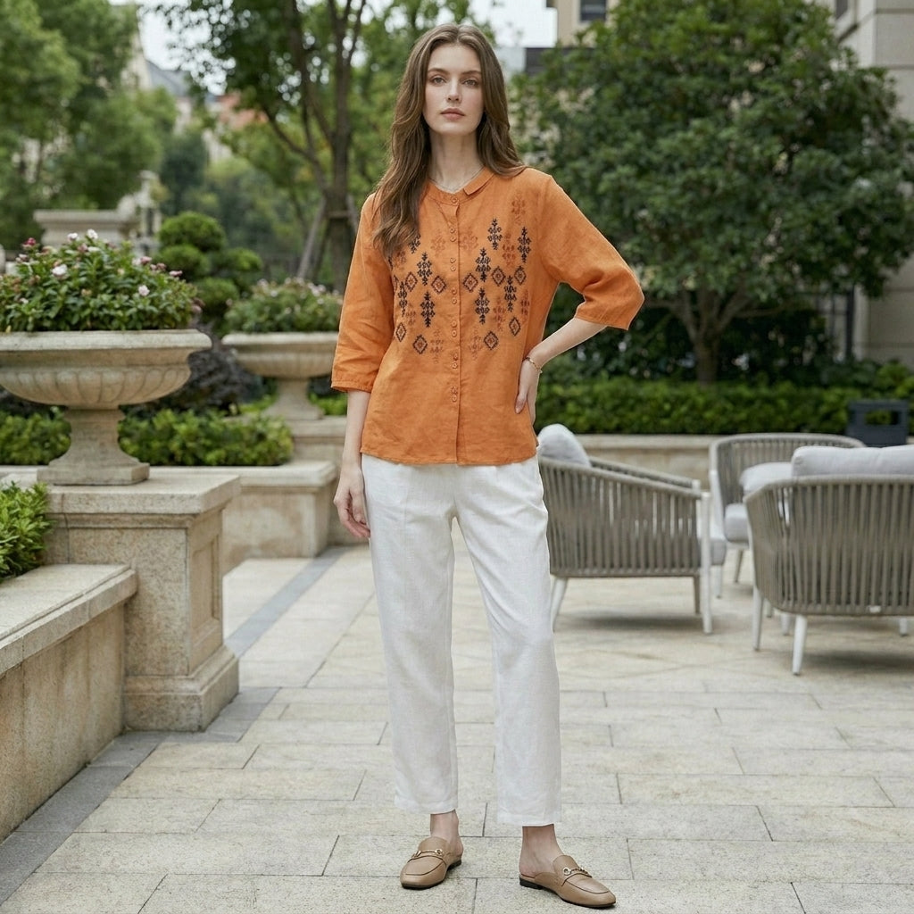 Embroidered Geometric Button-Down Blouse with Stand Collar and Relaxed Fit