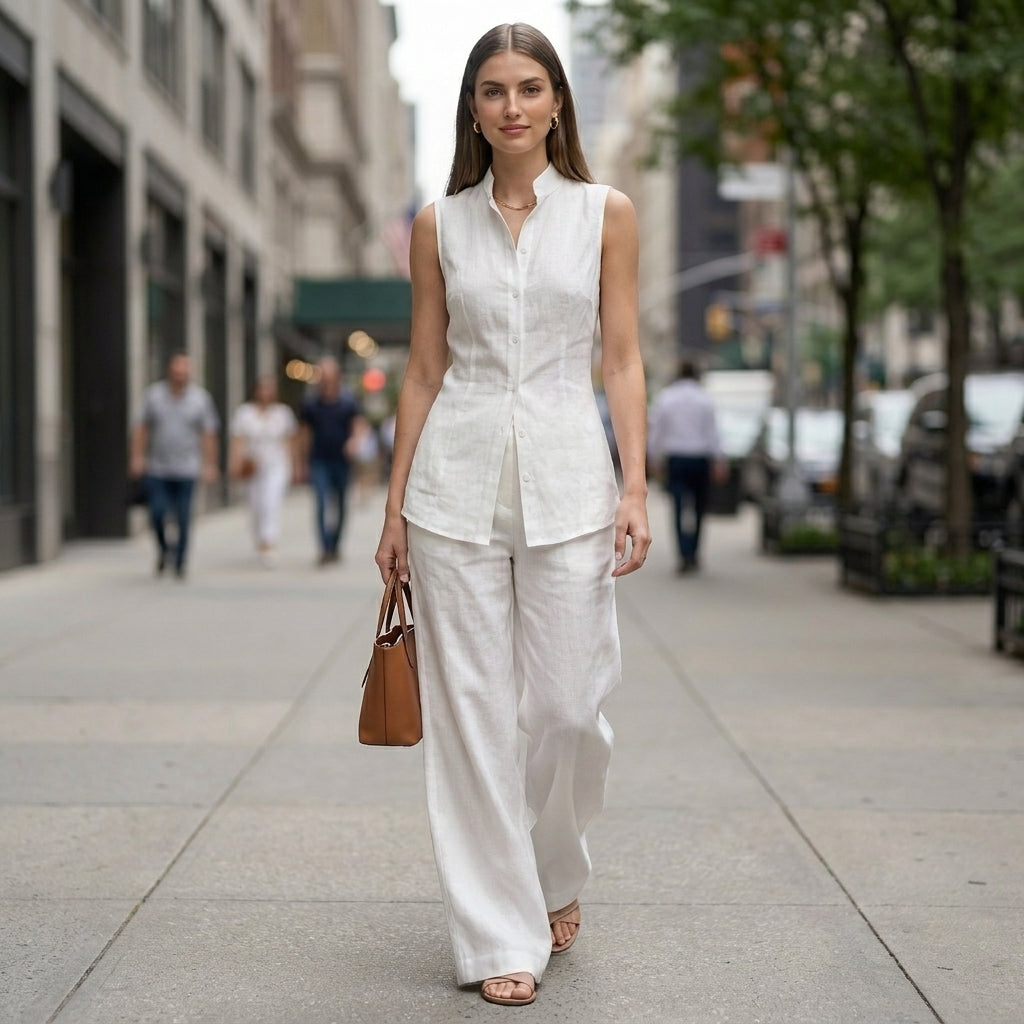 Sophisticated Sleeveless High-Neck Two-Piece Set with Flowing Wide-Leg Trousers