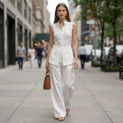 Sophisticated Sleeveless High-Neck Two-Piece Set with Flowing Wide-Leg Trousers