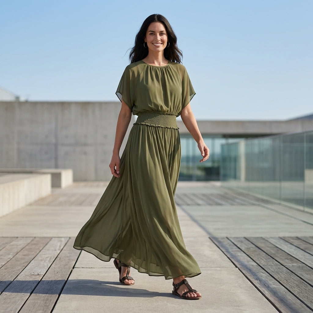 Flowing Smocked Waist Maxi Dress with Draped Sleeves