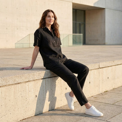 Relaxed Button Front Collared Short Sleeve Blouse