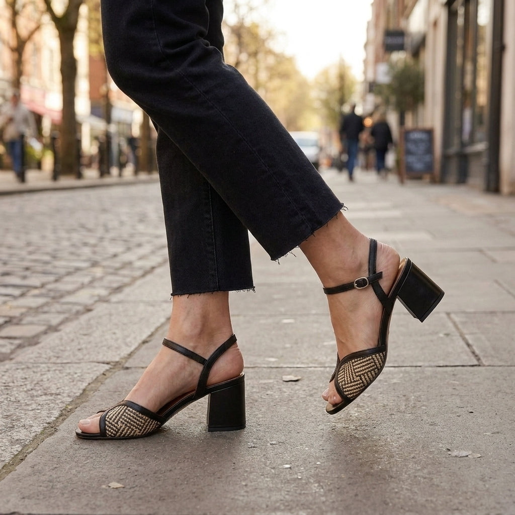 Woven Geometric Strap Block Heel Sandals with Buckled Ankle