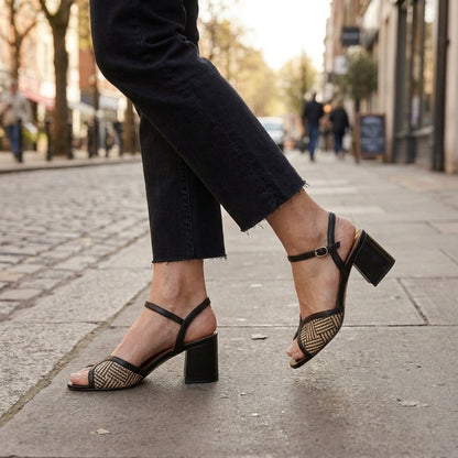 Woven Geometric Strap Block Heel Sandals with Buckled Ankle